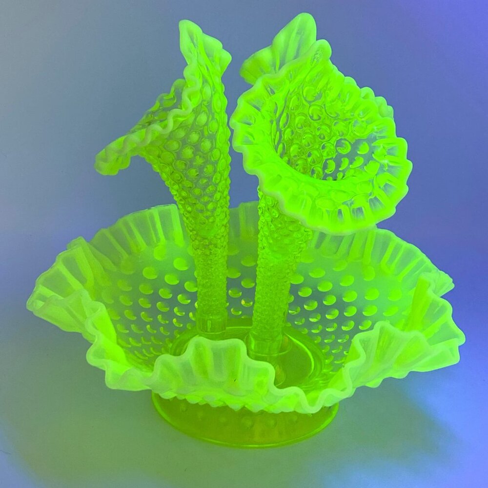 Vintage Fenton Topaz Opalescent hobnail Vaseline glass 3 horn epergne 9.5" A262